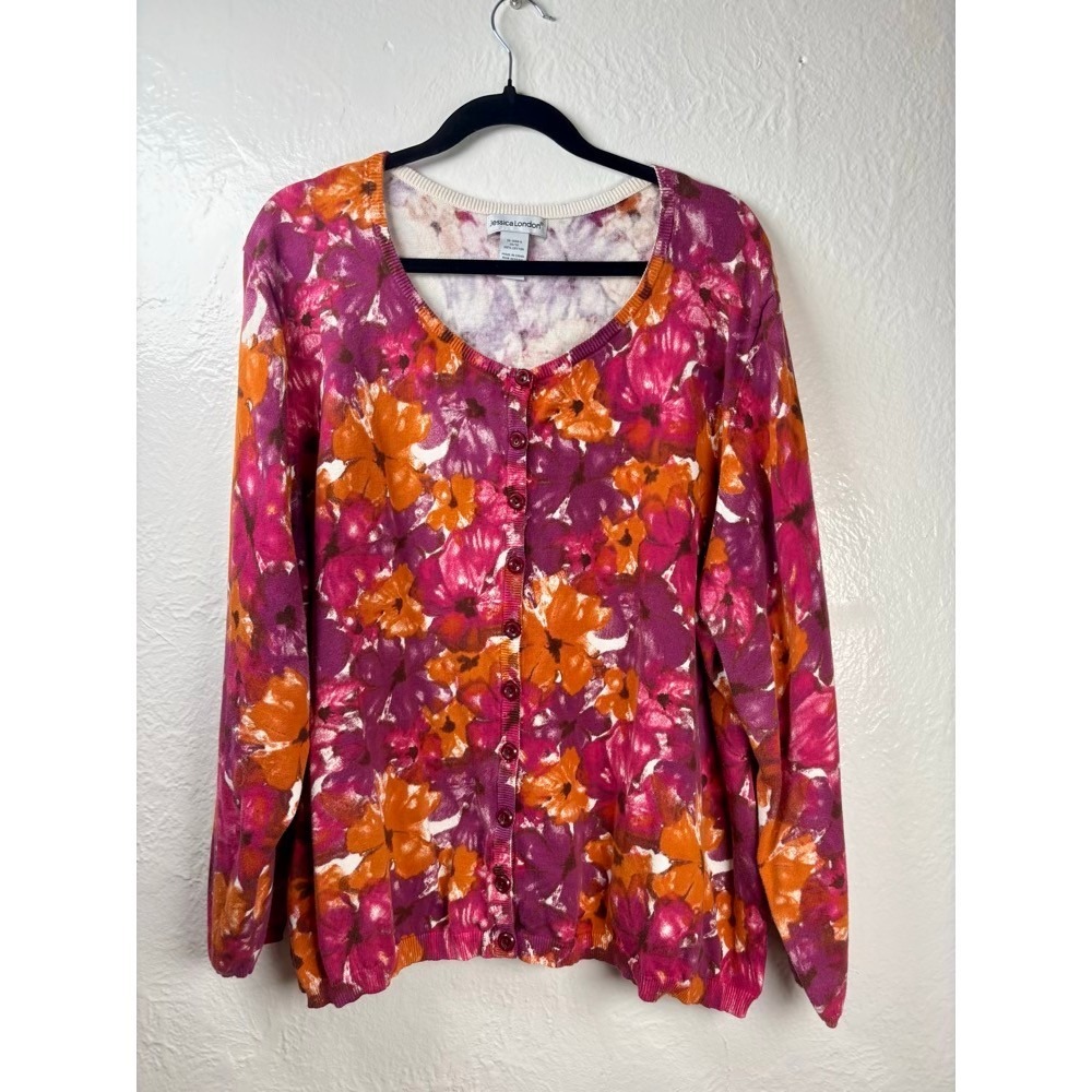 Jessica London Cardigan 3XL Purple Orange Floral Cotton Grannycore Cottagecore